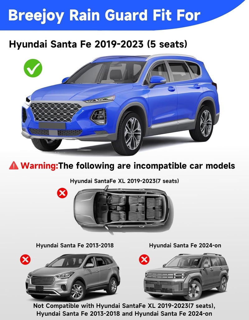 Breejoy in-Channel Window Rain Guards Fit for 2019 2020 2021 2022 2023 Hyundai Santa Fe 5-Seats (Not for XL 7-Seats),Visors Vent Visors Window Deflector Vent Shades Car Accessories -4 pcs - Image 3